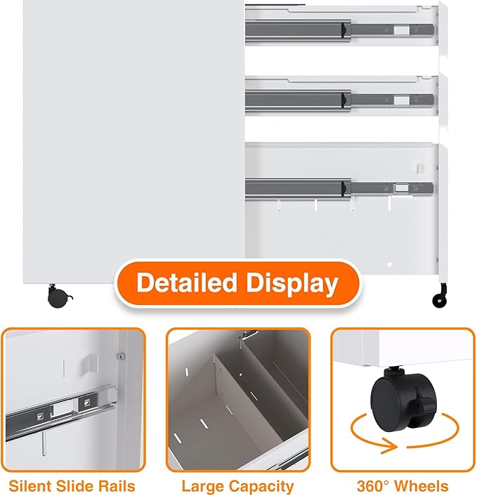 3 Drawer Metal Rolling File Cabinet with Lock, Under Desk Mobile Filing Storage Cabinet for Home Office School, Fully Assembled Except Wheels, White