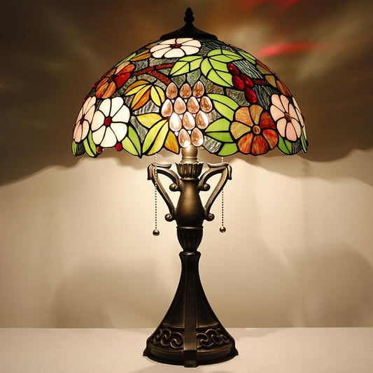 Tiffany Table Lamp 24 Inch High Antique Stained Glass Green Purple Grape Desk Reading Light Wide 16 Inch for Bedroom Living Room Home Office