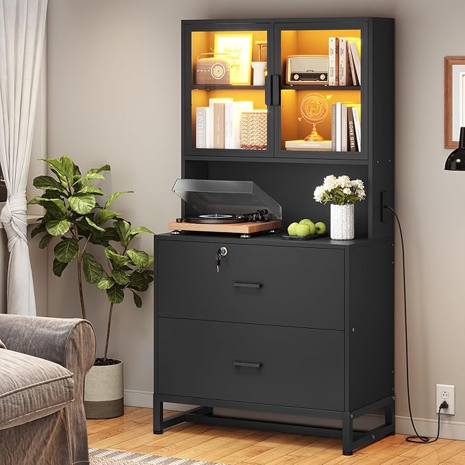 SEDETA 2 Drawer File Cabinet with Lock & Charging Station, Filing Cabinet Fits Letter, Legal, A4 Size, Wood File Cabinets for Home Office with Bookshelf, Printer Stand with Storage Shelf, Black