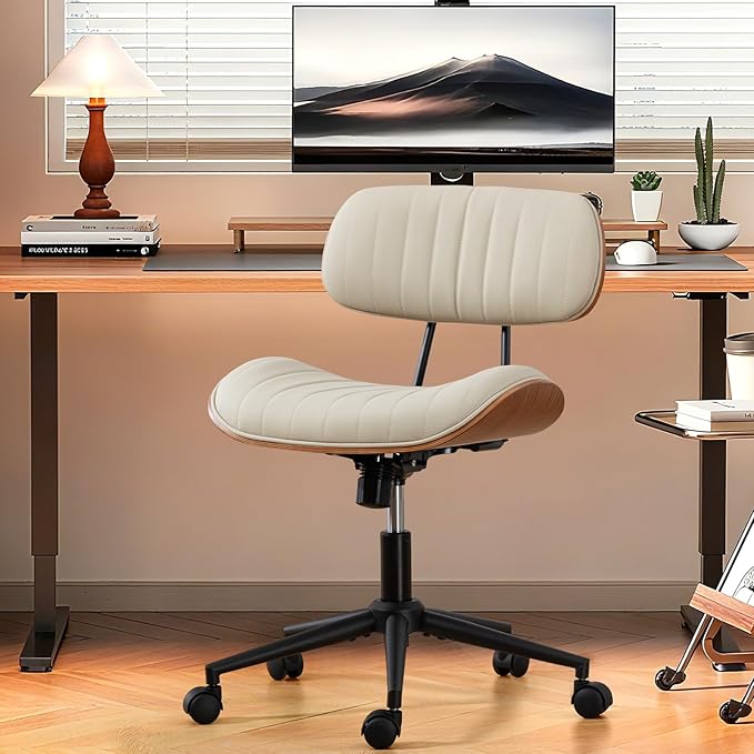 Home Office Chair with Wheels, Adjustable Height Desk Chair Leather Swivel Computer Chair, Armless Modern Walnut Chair for Office, Meeting Room, White