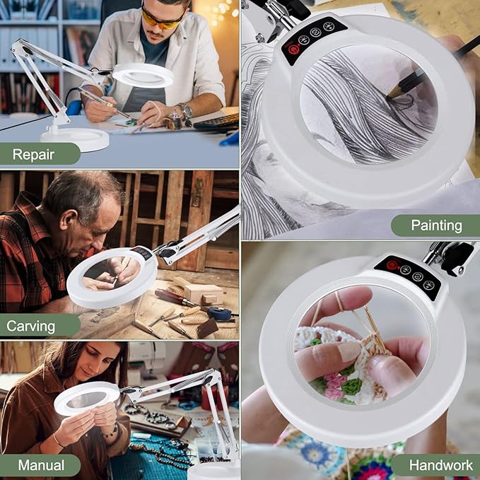 10X Magnifying Glass with Light and Stand, Upgrade Button 5 Color Modes Stepless Dimmable, 2-in-1 LED Lighted Magnifier Light, Hands Free Desk Lamp with Clamp for Craft Hobby Close Work - White