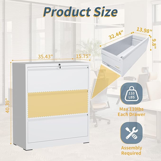 3 Drawer File Cabinet with Lock, Lateral Filing Cabinets,Metal Storage Filing Cabinets for Home Office, Heavy Duty File Cabinet for Letter/Legal/A4/F4 Size Amssebly Required, White