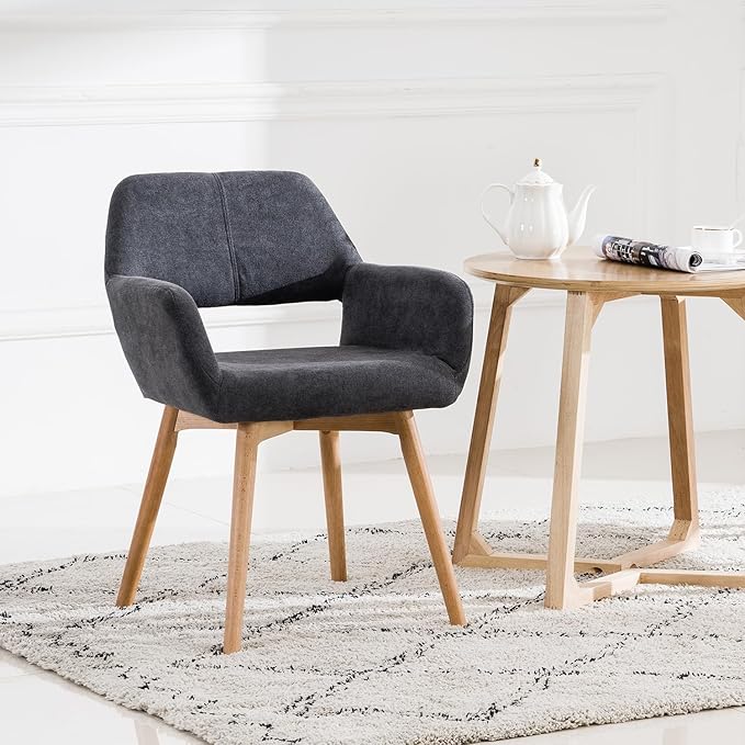 Desk Chair No Wheels Vanity Chair Comfy Accent Chair for Living Dining Room Bedroom Home Office Mid Century Modern Upholstered Armchair with Wood Legs (Charcoal, 1)