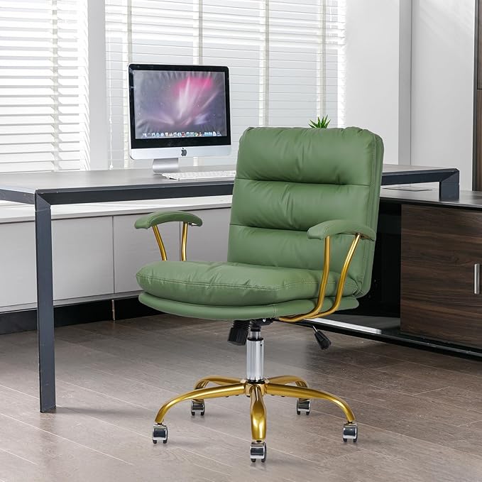 Leather Home Office Desk Chair, Mid-Back Vanity Chair Make Up Chair with Gold Wheels & Removable Armrests, Rolling Swivel Computer Task Chair for Office Bedroom Living Room Girls Women, Green