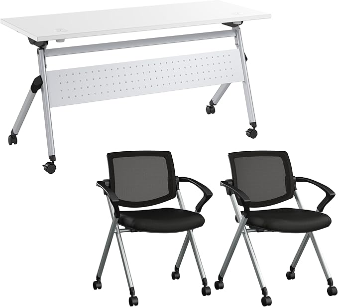 Bush Business Furniture Folding Training Table Set for 2, 60 inch Desk with Powered Grommets and 2 Chairs with Arms, Commercial-Grade Bundle for Office or Classroom, Envision Collection, White