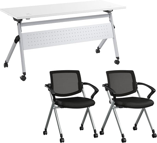Bush Business Furniture Folding Training Table Set for 2, 60 inch Desk with Powered Grommets and 2 Chairs with Arms, Commercial-Grade Bundle for Office or Classroom, Envision Collection, White
