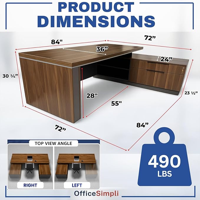 OfficeSimpli Modern L Shaped Executive Desk, 84x72x30 Inch - Made in USA – Ships Mostly Assembled – Home Office Workstation & Business Furniture, Large CEO Desk Table with Cabinets & Lockable Drawers