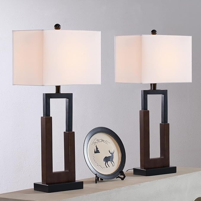 Maxax 30" Farmhouse Table Lamps Set of 2 for Living Room, Modern Black Bedside Lamps with USB & Type-C Port, 3-Way Dimmable Wood Bedroom Lamp with White Rectangular Lampshade for Nightstand