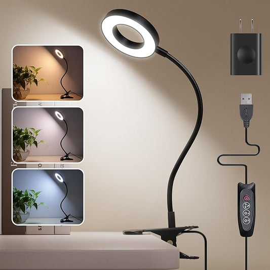 Foneso Desk Lamp Clip on Light with Adapter, 48 LED Reading Lamp with USB Charging Port, 3 Color Mode 10 Brightness Levels, Flexible Gooseneck, Memory Function Clamp Lamp for Home, Office, Makeup