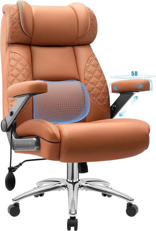 Office Chair, 5D Flip Arm Ergonomic Desk Chair with Adjustable Lumbar Support for Back Pain, Extra Wide 500LBS Comfy Big and Tall Office Chair, Executive Leather Computer Game Chair for Heavy People