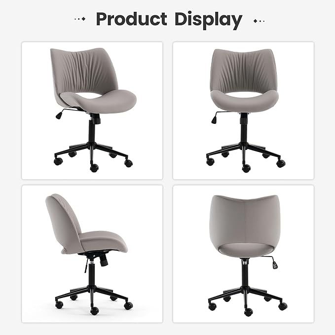 Rowill Armless Office Desk Chair, Ergonomic PU Leather Modern Task Chair with Back Adjustable Height, 360° Swivel Vanity Chairs with Wheels for Small Space, Home Office, Bedroom, Grey