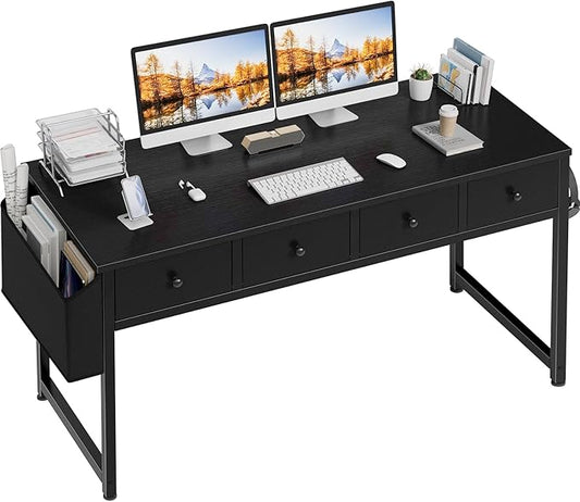 Lufeiya Black Computer Desk with Fabric Drawers for Home Office Bedroom, 47 Inch Vanity Desk with Drawer Storage and Side Pouch, Study Writing Table, Black