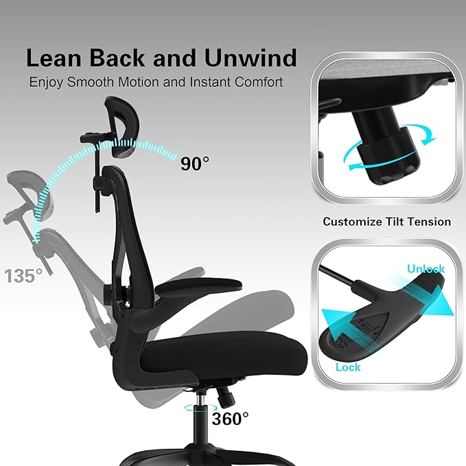Office Chair for Back & Neck Pain Relief, Virgin Foam Seat, 2D Adjustable Lumbar & 3D Headrest, Flip-Up Armrests, Tilt & Rock for Relaxation, Black/Carbon Fiber