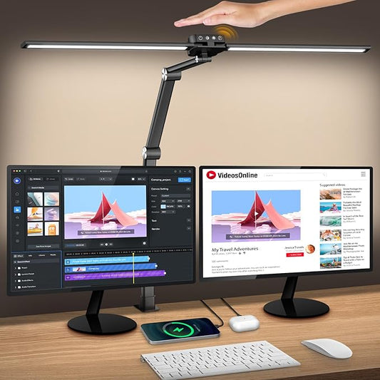 Syrinx LED Desk Lamp with Clamp, Double Head Desk Lamps for Home Office with Gesture Sensor Switch and Touch Control, 24W Eye-Caring Architect Desk Lamp with 25 Light Modes Adjustable Desk Light