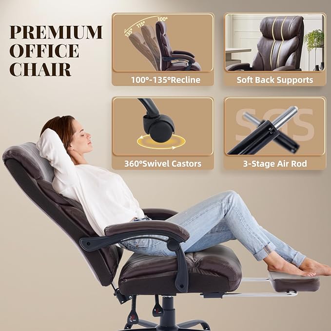 Leather Home Office Chair with Foot Rest,500lbs Big and Tall Ergonomic Desk Chair,360°Swivel Free,90°-155°Recline,43"- 47" Height Adjustable,Silent 360° Casters for Home Office Computer Desk