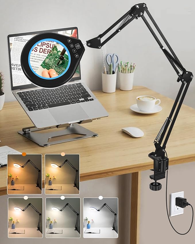 10X & 5X Magnifying Glass with Light, Ultra Long Swing Arm, 5 Colors & 10 Brightness, Real Glass Lens Large Magnifying Lamp for Craft Painting Workbench Jewelry Making Hobby Close Work (Blue)