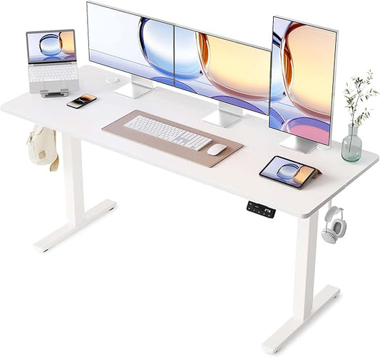 YIHAYO Electric Standing Desk, 63 x 24 Inches Stand Up Desk with Splice Board, Computer Desk for Home Office, White Frame/White Top