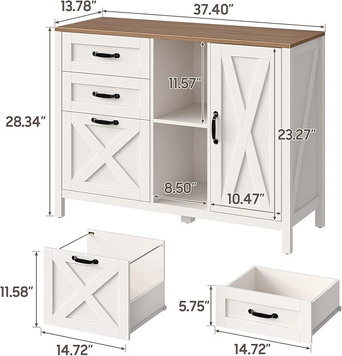 Lateral File Cabinet with 3 Drawers and Door, Farmhouse File Cabinet with Adjustable Shelf for Letter/A4 Size Hanging Files, Printer Stand with Storage Cabinet for Home Office Furniture, White