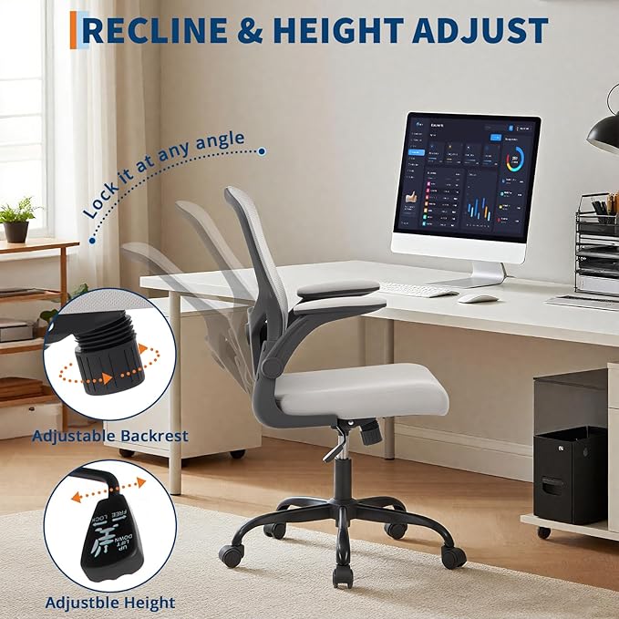 Office Chair – Ergonomic Desk Chair, Adjustable Lumbar Support, Flip-Up Armrests, Mesh Computer Desk Chair, Swivel Rolling Executive Gaming Chair for Home & Office (Gray)
