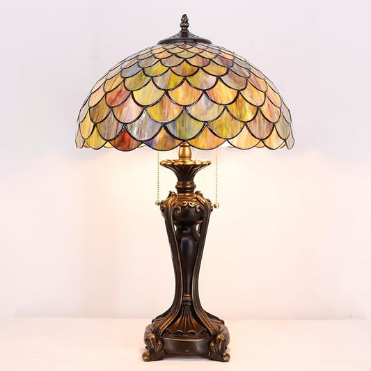 Tiffany Stained Glass Table lamp 16X16X24 Inch Brown Fish Scales Style Desk Bedroom Living Room Antique Reading Light (Brown Fish Scales)