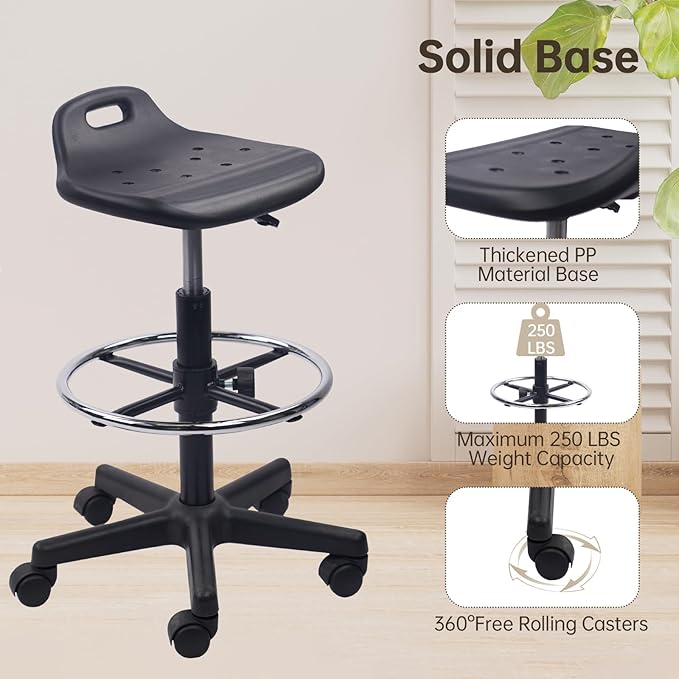 Adjustable Height Drafting Rolling Stool with Foot Rest Breathable Seat Cushion Swivel Chair, Multi-Purpose Work Stools for Nail Salon Office Bar Lab Counter Barber Kitchen Shop Black, 2PK
