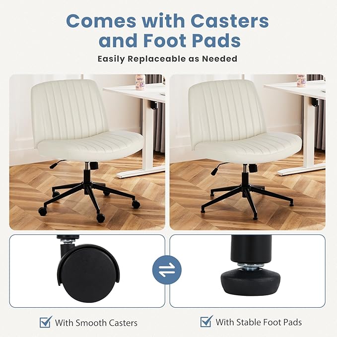 DUMOS Criss Cross Chair with Wheels, Wide Cross Legged Office Desk Vanity Chairs, Faux Leather Armless Adjustable Swivel Chairs for Home Computer Task, Beige
