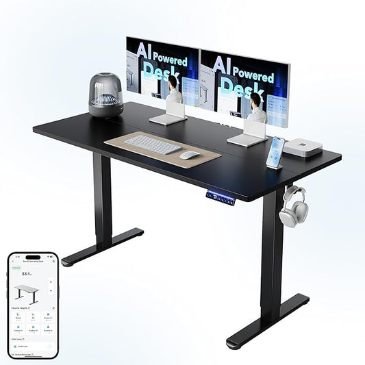 HUANUO AI-Powered Electric Standing Desk with Smart APP, Work with Alexa & Google, Adjustable Height, 6 Memory Settings, Sedentary Reminder, Ergonomic Sit-Stand Desk, 55-inch, Black