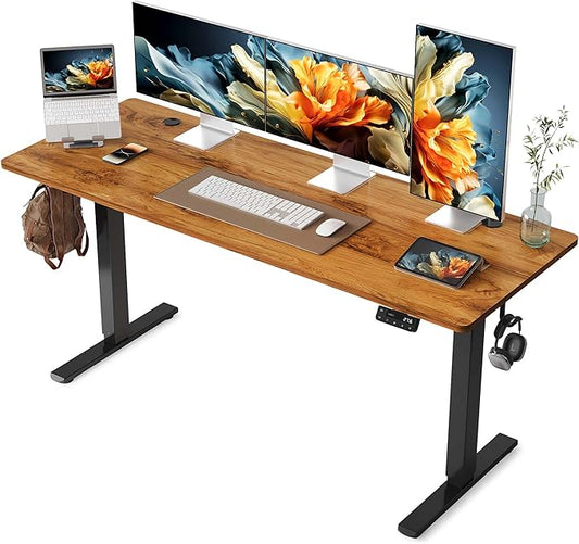 YIHAYO Electric Standing Desk, 63 x 24 Inches Stand Up Desk with Splice Board, Adjustable Height Desk, Computer Desk for Home Office, Black Frame/Rustic Brown Top