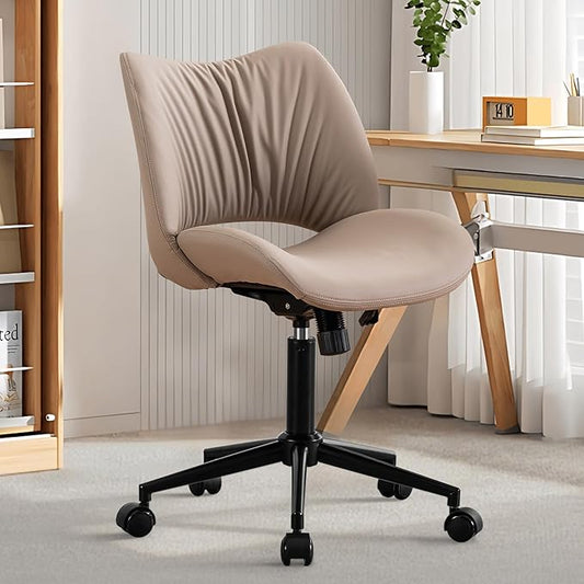 Rowill Armless Office Desk Chair, Ergonomic PU Leather Modern Task Chair with Back Adjustable Height, 360° Swivel Vanity Chairs with Wheels for Small Space, Home Office, Bedroom, Khaki