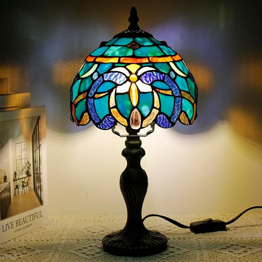 Small Tiffany Lamp Stained Glass Table Lamp Mini Desk Accent Light for Bedroom Bedside Reading Home Antique Style Decor 8X15 Inches (Brown Jewelry Baroque)