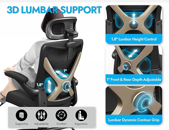 Ergonomic Office Chair-Mesh Computer Desk Chair Comfy, High-Back Gaming Chairs with 3D Headrest & Lumbar Support, Executive Task Chair for Adults, Comfortable for Long Hours