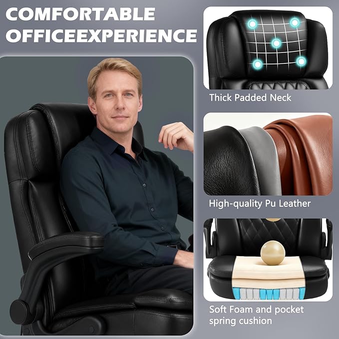 400lbs Executive Office Chair with Flip up Arm,Ergonomic Big and Tall Computer Desk Chairs,Breathable PU Leather Chair with Adjustable Lumbar Support,High Back Ofiice Chair with Pocket Spring Cushion