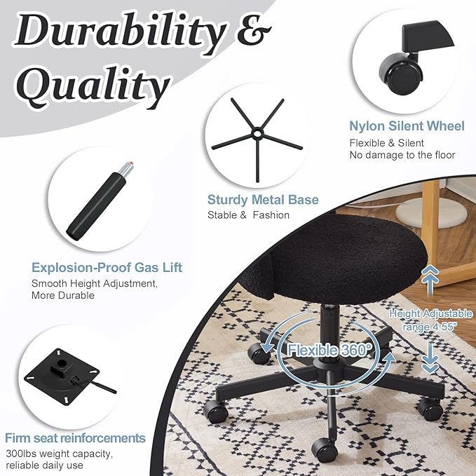 VINGLI Cute Candy Chair Armless Comfy Small Office Desk Vanity Chair with Wheels & Lumbar Support,Teddy Adjustable Rolling Swivel Computer Task Ch for Home Office,Bedroom,Black