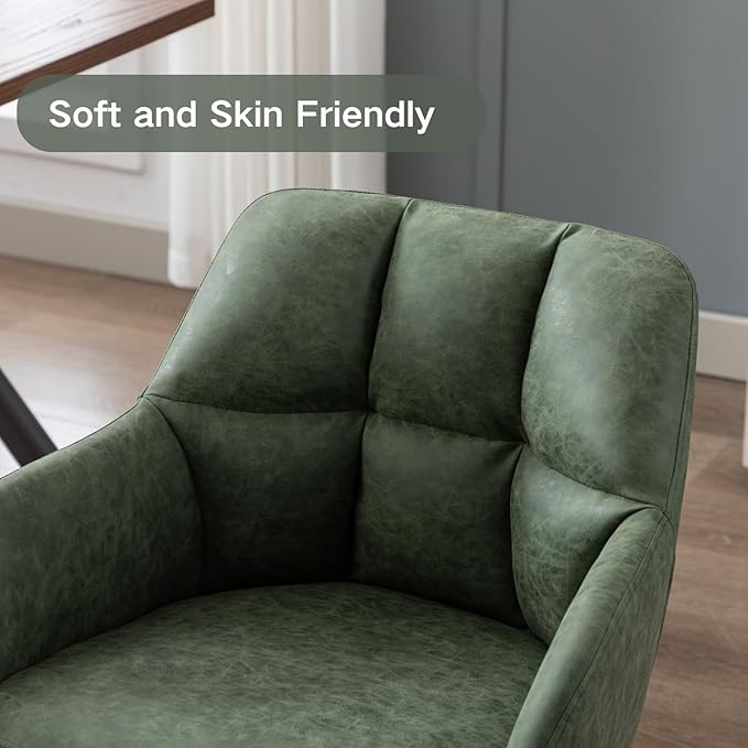 Home Office Chair with Arm, Comfy Desk Chair No Wheels, Upholstered Leather Computer Chair, Swivel Accent Chair for Bedroom, Office, Small Spaces, Green