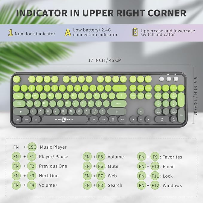 Wireless Keyboard and Mouse Combo | Cute Colorful Keyboard and Mouse with 2.4GHz Cordless Retro Typewriter Keyboard | Auto-Sleep | USB Receiver for Windows PC/Laptop - Grey Green Gradient