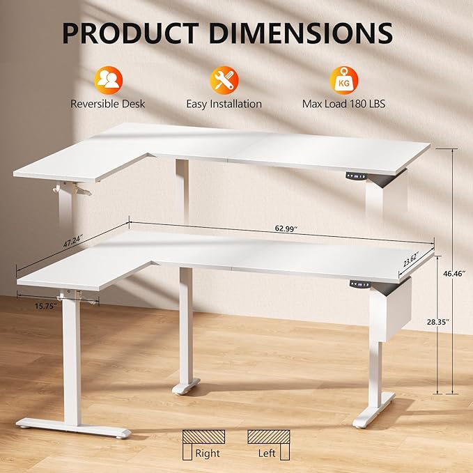 L Shaped Electric Standing Desk,63 Inch Adjustable Height Sit to Stand Corner Desk with Memory Presets,Reversible Computer Table for Home Office,Work and Study,White