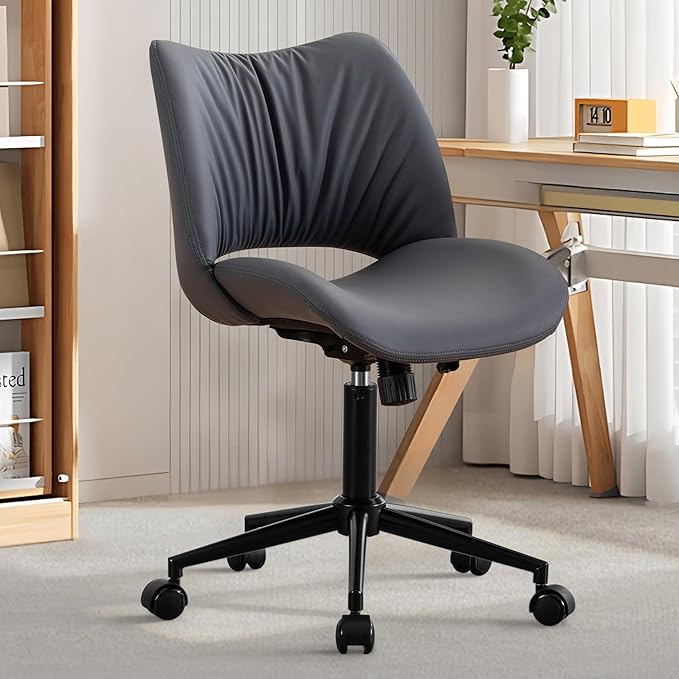 Rowill Armless Office Desk Chair, Ergonomic PU Leather Modern Task Chair with Back Adjustable Height, 360° Swivel Vanity Chairs with Wheels for Small Space, Home Office, Bedroom, Blueberry Purple