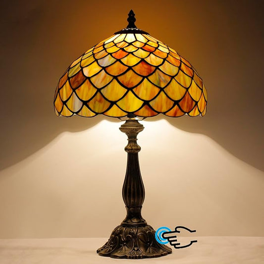 Tiffany Lamp Touch Control Table Lamp Yellow Green Stained Glass Desk Lamp 12X12X19 Inches Fish Scales Style Reading Light