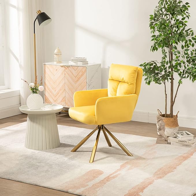 Velvet Office Desk Chair No Wheels, Modern Vanity Chair with Gold Legs, Wide Seat Computer Task Chair for Home Office (Yellow)