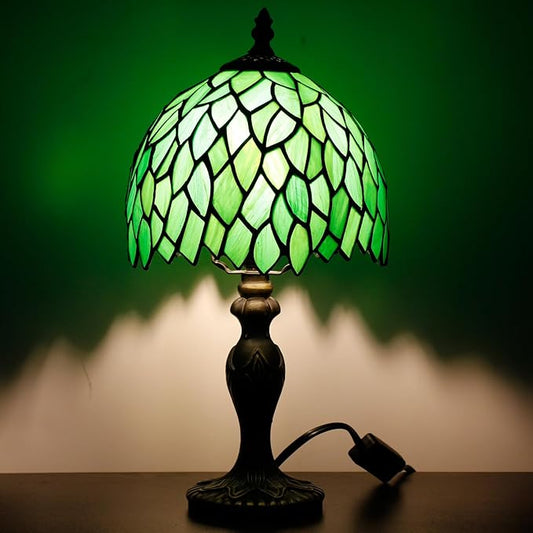 Small Tiffany Lamp Stained Glass Table Lamp Mini Desk Accent Light for Bedroom Bedside Reading Home Antique Style Decor 8X15 Inches (Green Wisteria)