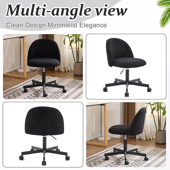 VINGLI Cute Candy Chair Armless Comfy Small Office Desk Vanity Chair with Wheels & Lumbar Support,Teddy Adjustable Rolling Swivel Computer Task Ch for Home Office,Bedroom,Black