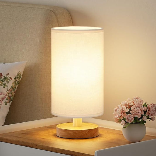 Small Table Lamp for Bedroom - Inline Control, Bedside Lamp with 3000K A15 LED Blub, Easy Assembly (White Shade - Wood Base, 9" Inline Control)
