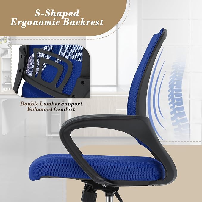 Athena Collection Computer Office Chair, Ergonomic Desk Chair with Rolling Wheels, Mesh Back Support and Height Adjustable, Small and Comfy for Home Office, Study, Blue