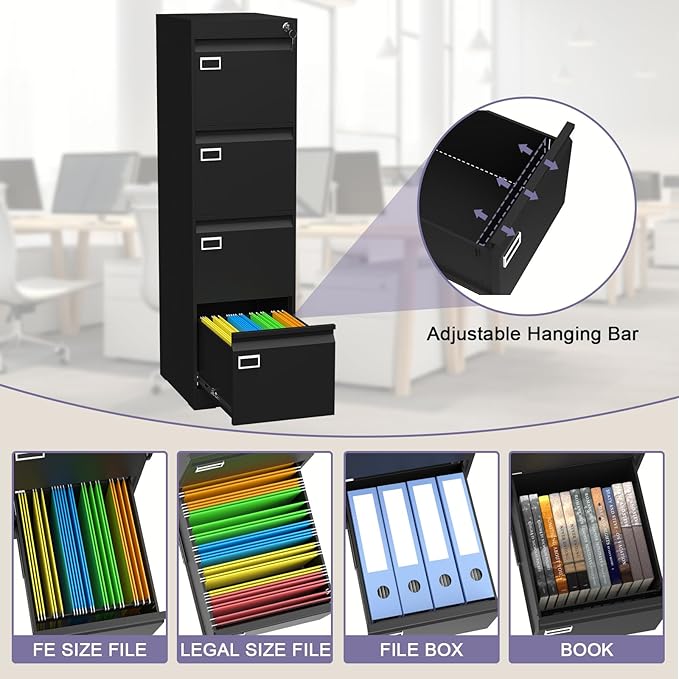 4 Drawer Metal File Cabinet with Lock, Black Lockable Filing Cabinets, Vertical Small File Cabinet with Key, Under Desk Filing Cabinets for Home Office