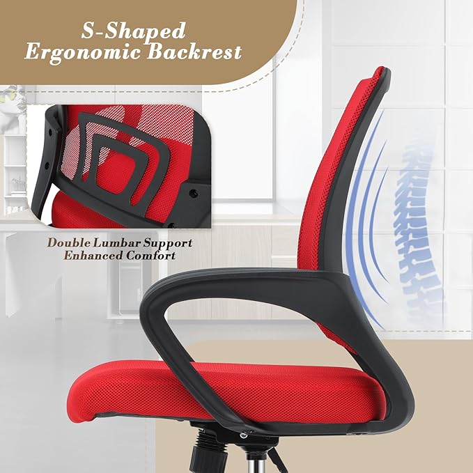 Athena Collection Computer Office Chair Set of 2, Ergonomic Desk Chair with Rolling Wheels, Mesh Back Support and Height Adjustable, Small and Comfy for Home Office, Study, Red