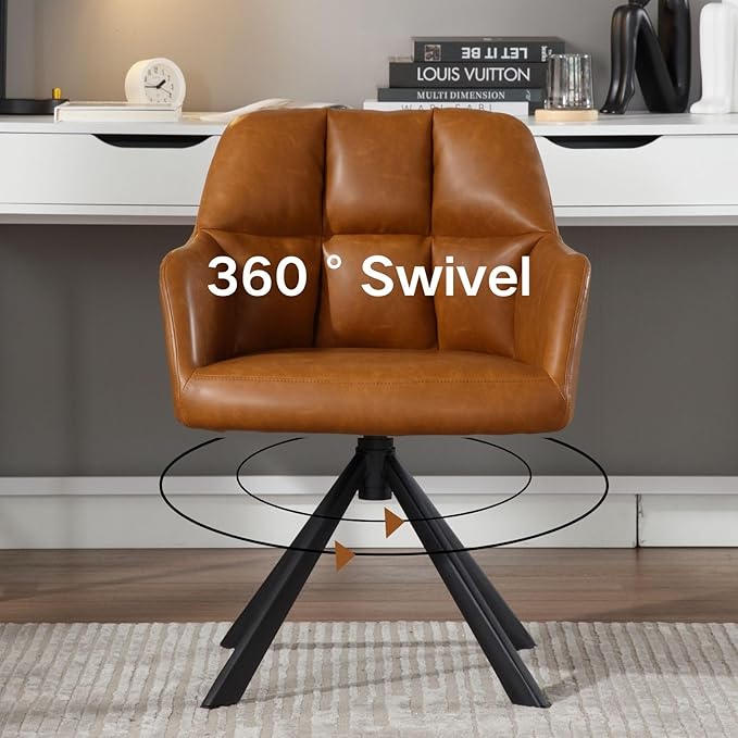 Brown Home Office Chair with Arms, Comfy Desk Chair No Wheels, Upholstered Leather Computer Chair, Swivel Accent Chair for Bedroom, Office, Small Spaces