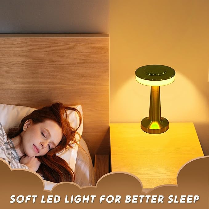 Riakrum Set of 2 LED Portable Cordless Table Lamp with Touch Sensor 3 Color Stepless Dimming Rechargeable Battery up to 15 Hours Cordless Table Light Wireless Lamp for Nursery (Gold,2 Pcs)