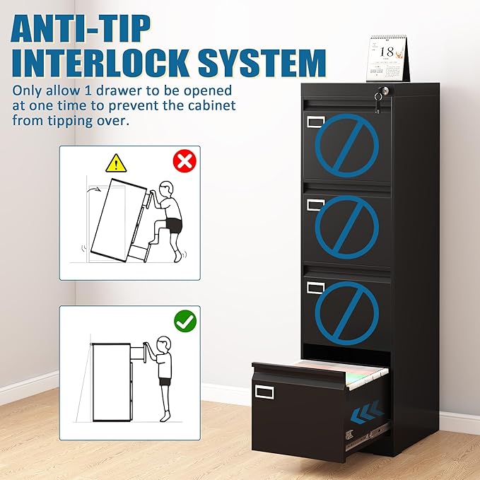 4 Drawer File Cabinet with Lock, Metal Vertical Filing Storage Cabinet, Black Filing Cabinets for Home Office, Narrow File Cabinet Locked for A4/F4/Letter/Legal, Easy Assemble