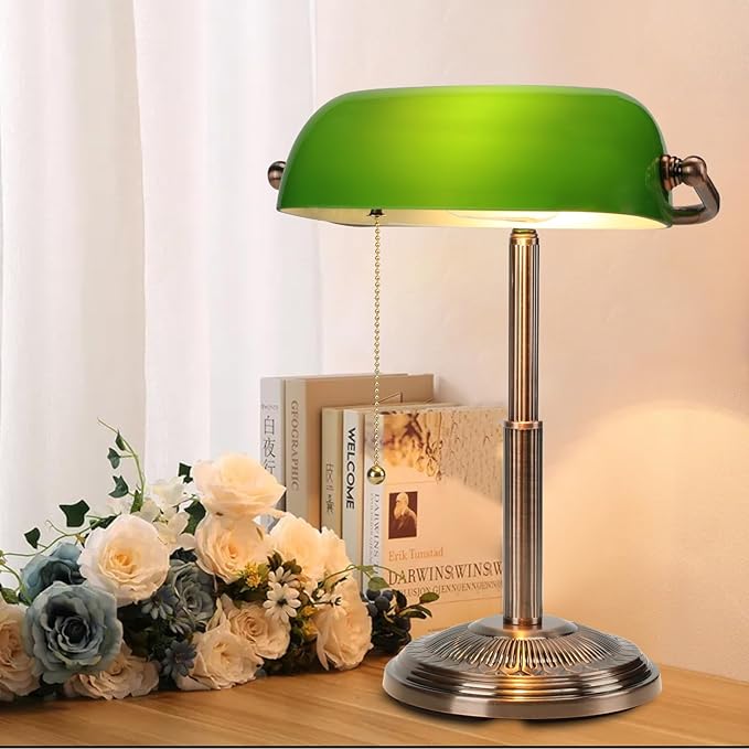 LINNMON Bankers Desk Lamp, Green Retro Lamp, Vintage Lamp with Pull Chain Switch for Home Office (Copper+Green)