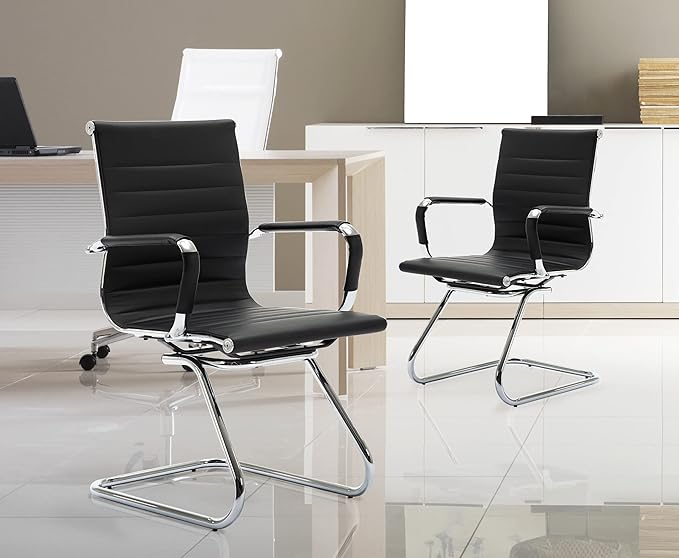 Wahson Office Guest Chairs Set of 6, Leather Reception Chairs, Mid Back Waiting Room Chair, Conference Chairs with Sled Base, Desk Chair No Wheels for Meeting/Lobby/Restroom, Black